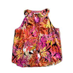 Rose + Olive Tropical Floral Tassel Tank Top Size L Pink Orange Boho Resort
